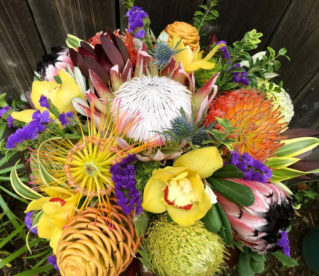 Full colorful bouquet with a white King Protea, yellow orchids, pincushion proteas and purple statice